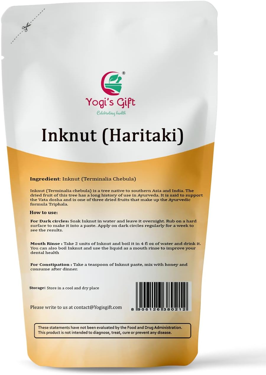 Haritaki /Inknut for Dark Circles | 8 Ounce (227 Grams) | 100% Naturally Dried Whole herb | Terminalia chebula | by Yogi's Gift®