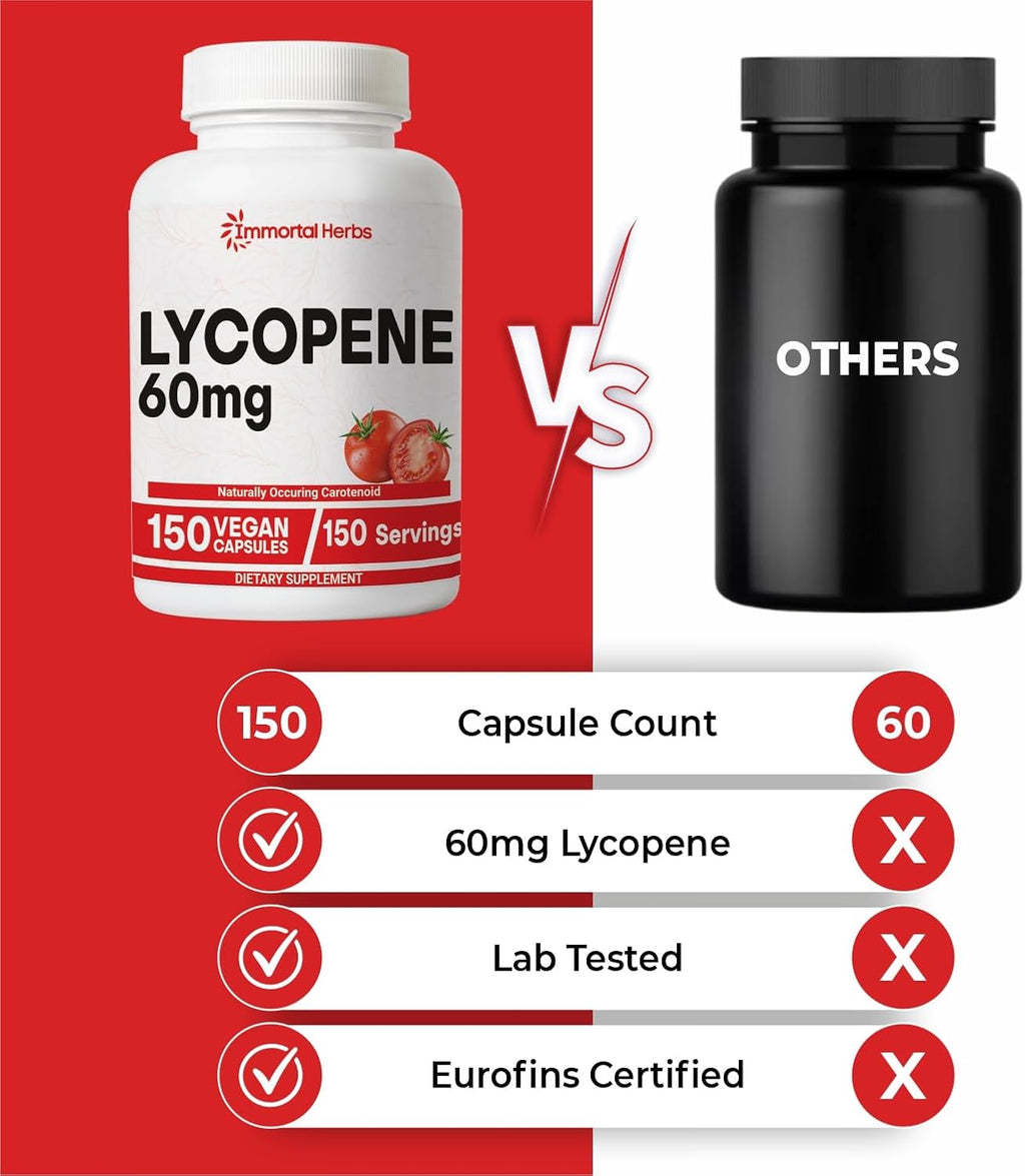 Lycopene Supplement for Men 60mg, 150 Capsules, Natural Tomato Extract Powder for Skin, Heart & Immune Support, 100% Veg Lycopene Complex, Non-GMO and Gluten Free Carotenoid Supplement