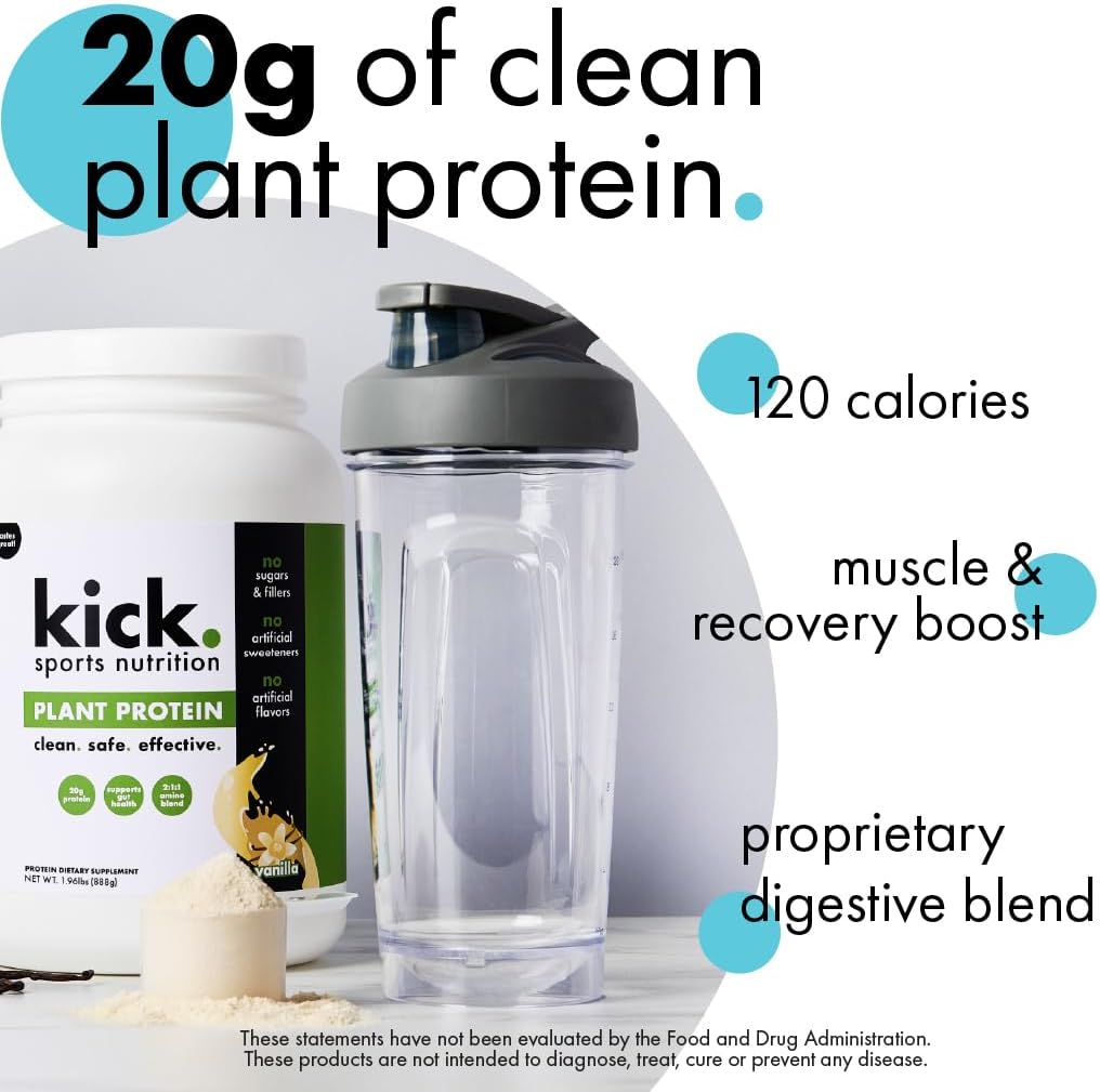 Kick Plant Protein Powder, Vanilla Flavor, 20 G Protein, Gluten Free Workout Supplement with Aminos Acids to Support Fitness Goals & Gut Health, No Sugar, No Artificial Flavors, 28 Servings