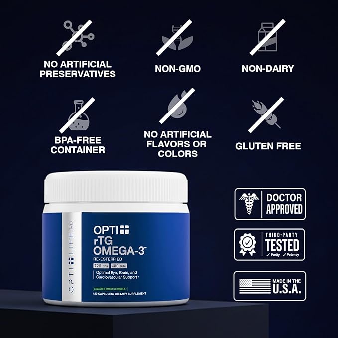 Opti + rTG Omega-3 Supplements | Heart, Immune, Brain and Eye Health Supplements for Adults | Daily Use Omega 3 DHA EPA Capsules | 120 Softgels/ 60 Servings