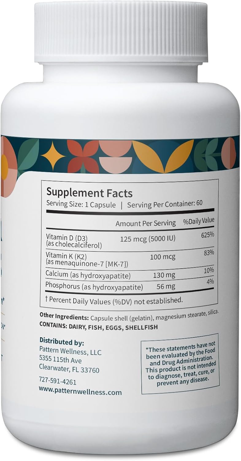 Pattern Wellness Vitamin K2 & D3 Supplement with Calcium - Pure Synergistic Complex - Whole Body Health - Bone Health & Cardiovascular Support - 60 Capsules