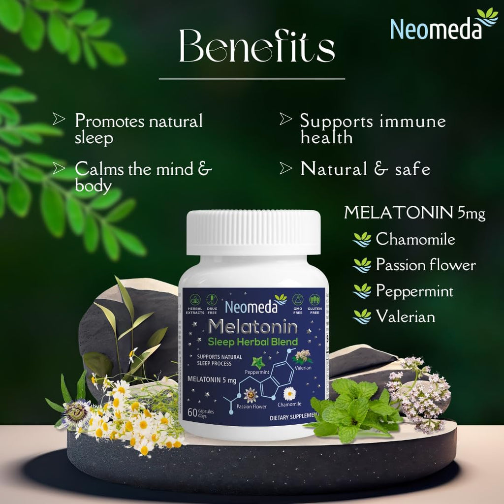 Melatonin Sleep Herbal Blend - Natural Sleep Support for Restful Nights with Melatonin 5mg & Calming Herbs - Drug-Free Dietary Supplement, 60 Capsules, 60-Day Supply