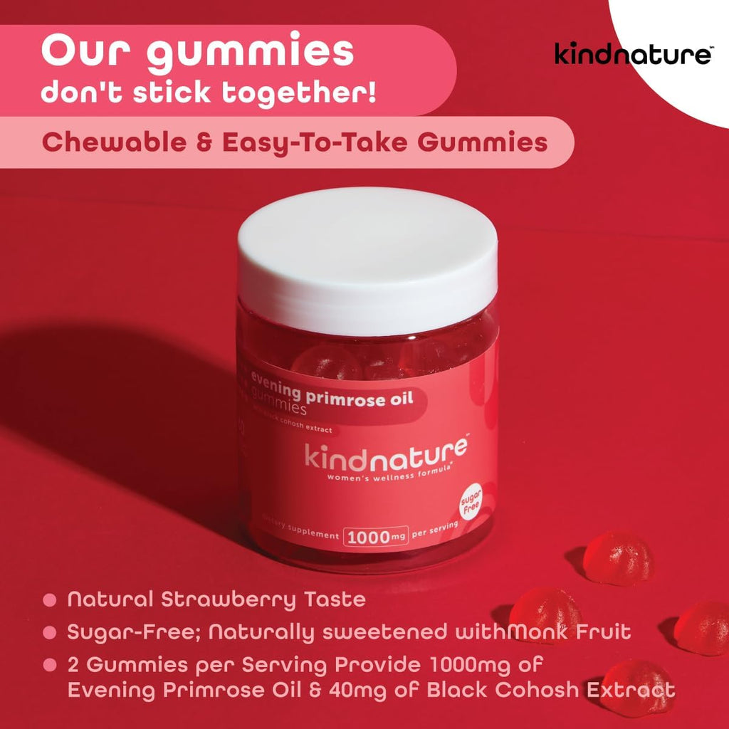 kindnature Evening Primrose Oil Gummies for Women – 1000mg with Black Cohosh Extract – Hormonal Balance, PMS & Menopause Support – Vegan, Sugar-Free, Non-GMO