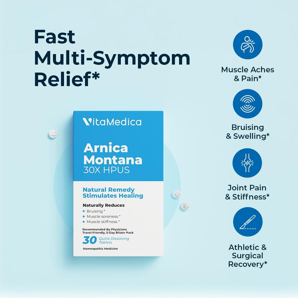 VitaMedica Arnica Montana Blister Pack 30X Tablets for Bruising Pain and Swelling | Plant Based Formula | Recommended by Plastic Surgeons | Natural Recovery Surgery Or Injury | 3 Pack | 45 Servings