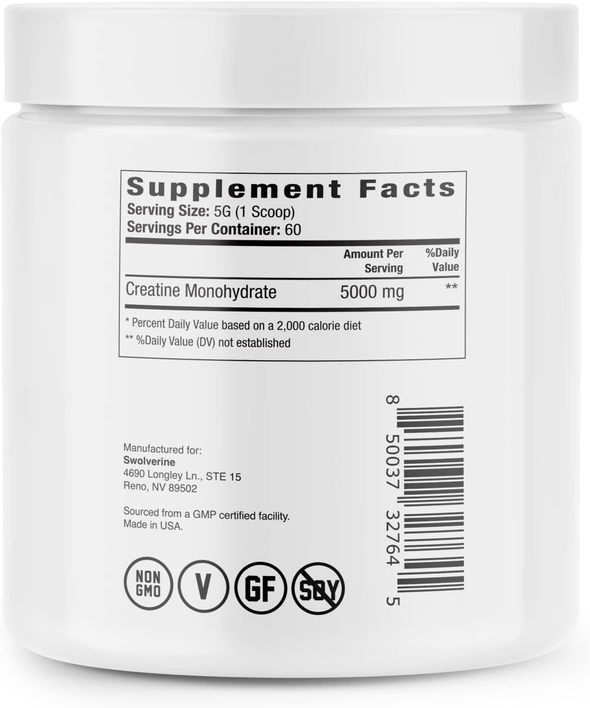 Swolverine® Creatine Monohydrate Powder – 60 Servings | 100% Pure, Micronized Creatine for Muscle Strength, Power & Recovery