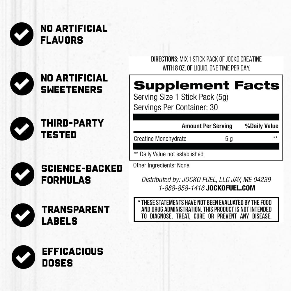 Jocko Fuel Creatine Stick Packs - Creatine Monohydrate Powder Travel Packs for Men & Women, Supplement for Athletic Performance & Muscle Health, 30 Servings 150g (Unflavored)