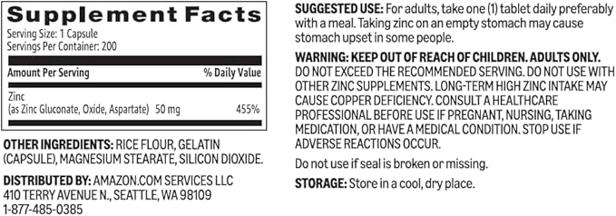Amazon Basics Zinc Capsules, 50mg 200 Count