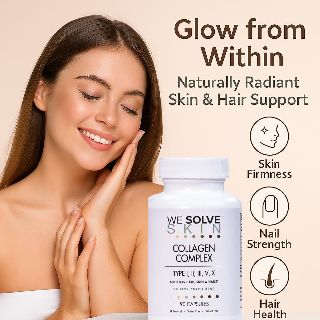 Multi Collagen Peptides Pills for Women & Men – Types I, II, III, V, X – Hydrolyzed Marine & Chicken Collagen – Bovine Collagen I & III – Hair, Skin, Nails, Joints & Bones – Gluten-Free – 90 Capsules
