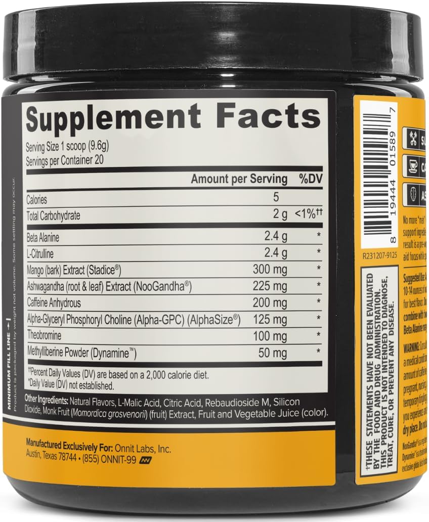 ONNIT Alpha Brain Pre-Workout Powder, Tiger's Blood Flavor, Pre-Workout Supplement for Women and Men, Dietary Supplement, 20 Servings per Tub 6.76 oz