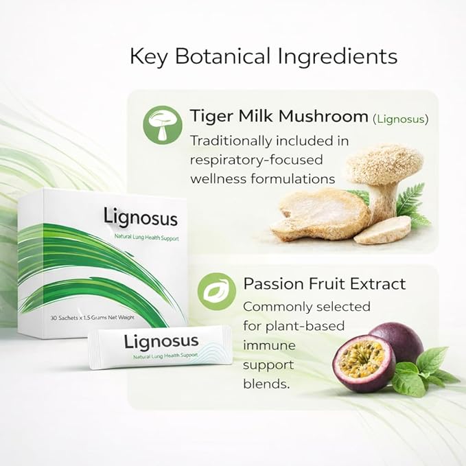 Lignosus Lung Support, Natural Respiratory Health Supplement with Organic Tiger Milk Mushroom, Passion Fruit Extract for Immune Support, Detox & Respiratory Support, Non-GMO, Vegan | 30 Sachets (1)