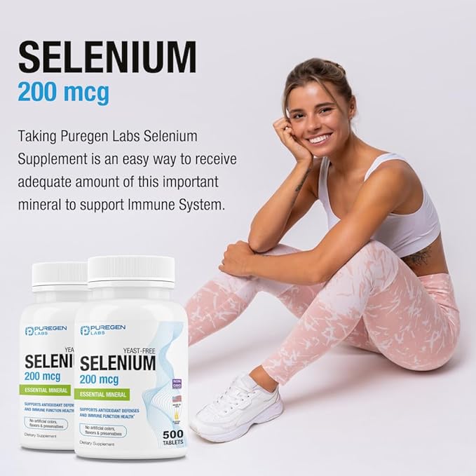 Puregen Labs Selenium 200 mcg Yeast Free Essential Mineral - 500 Vegetarian Tablets | Immune & Antioxidant Support | Non-GMO, Gluten Free
