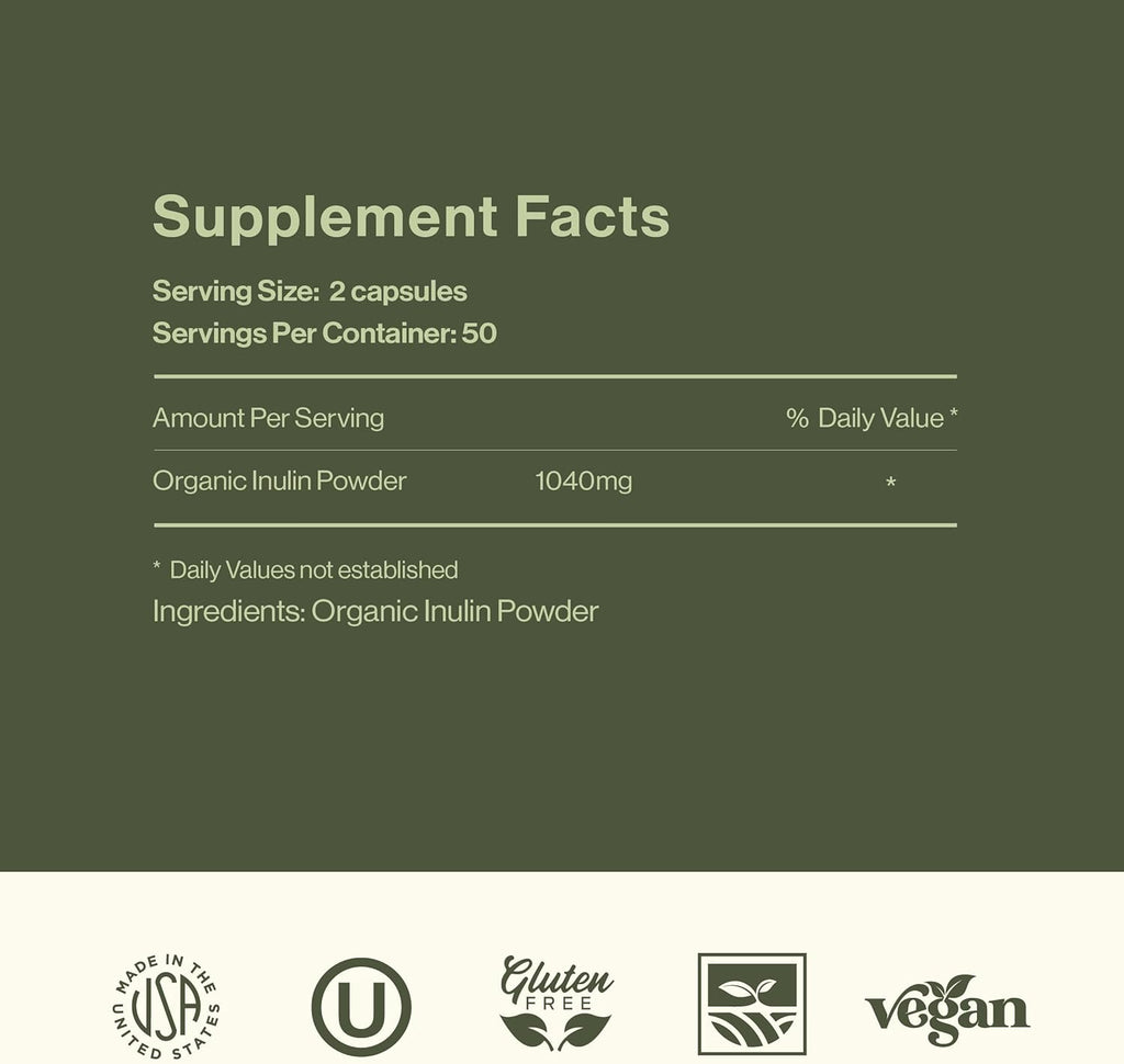 Complete Natural Products Organic Inulin Capsules - 520mg 100 Pills, Organic Jerusalem Artichoke Inulin Capsules