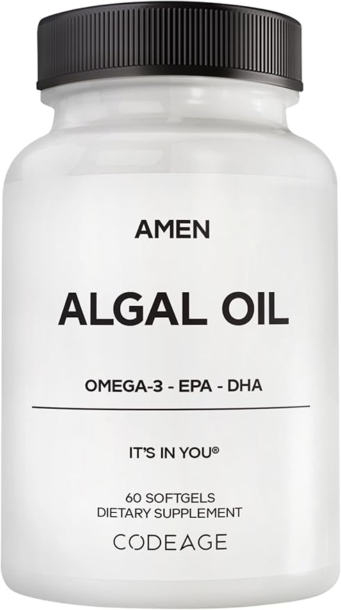 Amen Algal Oil Vegan Omega-3 Supplement – 1000mg DHA & EPA, Plant-Based Microalgae Oil, Non-GMO, 60 Softgels