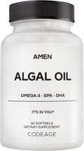 Amen Algal Oil Vegan Omega-3 Supplement – 1000mg DHA & EPA, Plant-Based Microalgae Oil, Non-GMO, 60 Softgels