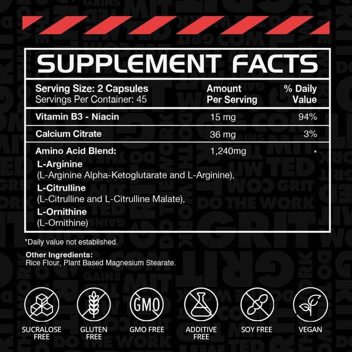 Gains in Bulk L Arginine Amino Acids Supplement for Nitric Oxide Support, Supplements for Men with L-Arginine, L Citrulline and L Ornithine, Muscle Pump, Energy and Heart Health Support, 90 Capsules