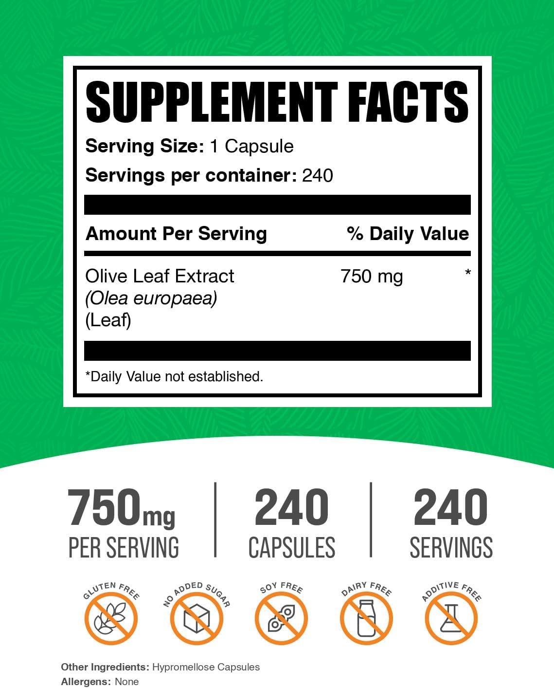 BulkSupplements.com Olive Leaf Extract Capsules - Olive Leaf Supplement, Olive Leaf Capsules - Immune Support, Gluten Free, 1 Capsule per Serving, 240 Veg Capsules (Pack of 1)