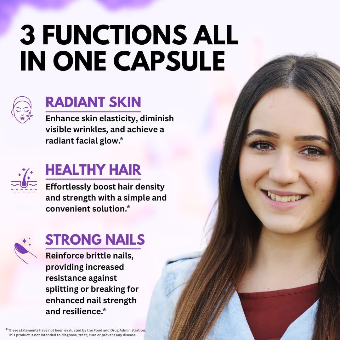 Biotin with Hyaluronic Acid, Collagen and Keratin – 25000 mcg Hair Growth Vitamins for Men and Women – Nails and Skin, USA Made - Third Party Tested, B1, B2, B3, B6, B7 Complex - 60 Capsules