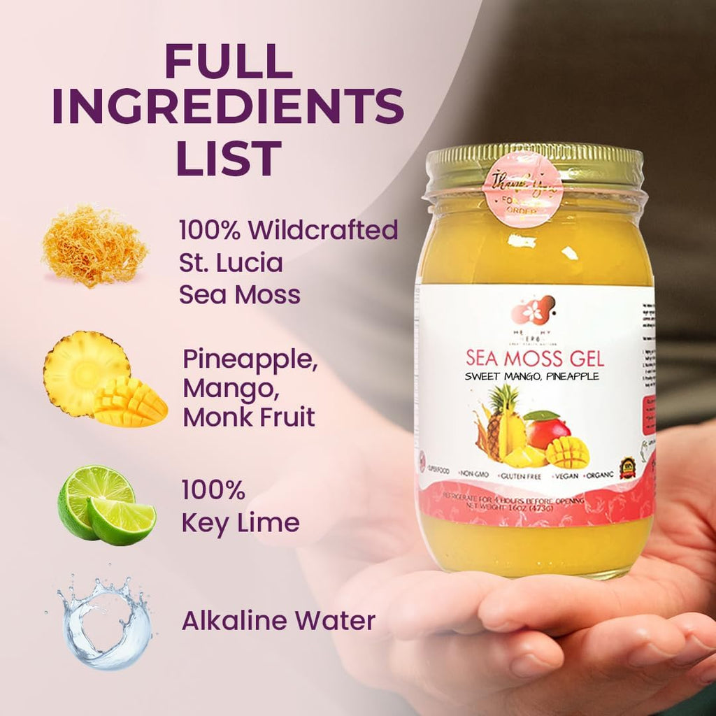 Healthy Herbs Sea Moss Gel (Sweet Mango Pineapple) Wildcrafted From Jamaican St Lucia Gold Seamoss | Wild-Harvested Superfood Rich In Essential Vitamins & Minerals | Vegan, Non-GMO, US-Made (16 oz.)