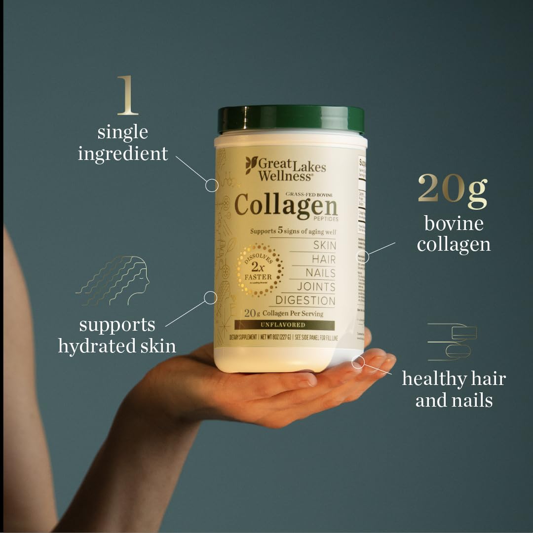 Great Lakes Wellness Collagen Peptides Powder for Skin, Hair, Nails, Joints & Digestion - Unflavored - Quick Dissolve Hydrolyzed, Non-GMO, Keto, Kosher - 16oz