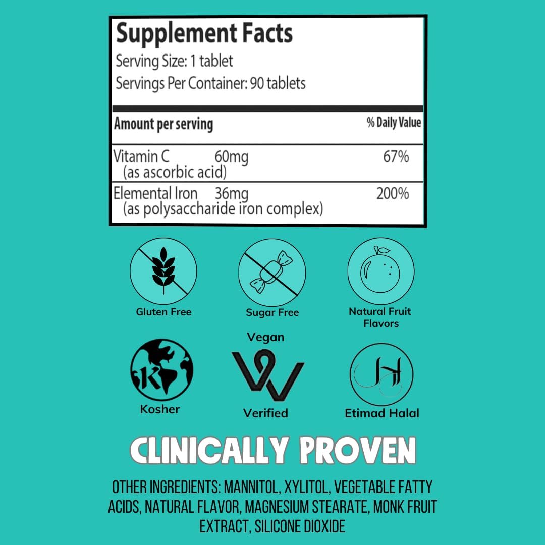 NovaFerrum Pow | Chewable Iron Supplement for Adults | Anemia | 36mg of Iron | 90 Servings | Sugar Free | Vegan