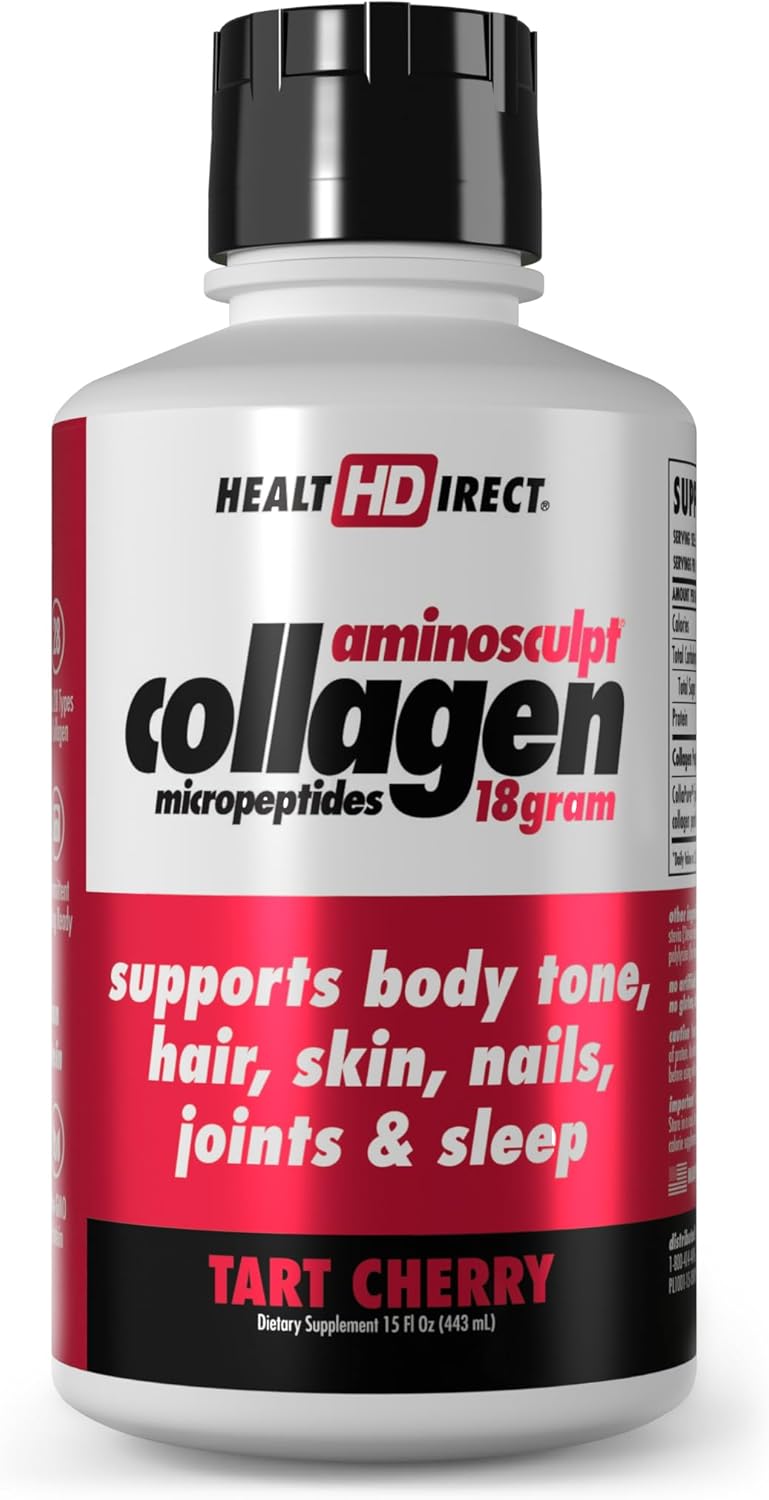 HEALTH DIRECT AminoSculpt Sugar-Free Collagen Supplement - High Potency Medical-Grade Protein for Hair, Skin, Nails & Joints, Grass-Fed, Non-GMO, Liquid Collagen - Tart Cherry - 15 Fl Oz