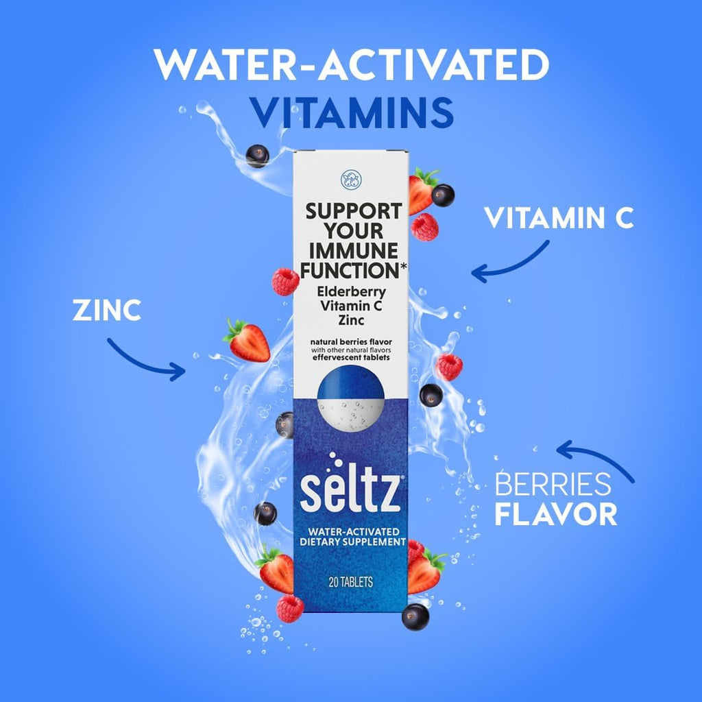 Seltz® Support Your Immune Function – Effervescent Vitamins with Vitamin C, Elderberry & Zinc for Daily Immune Support – Berries Flavor, 20 Tablets (Pack of 1)