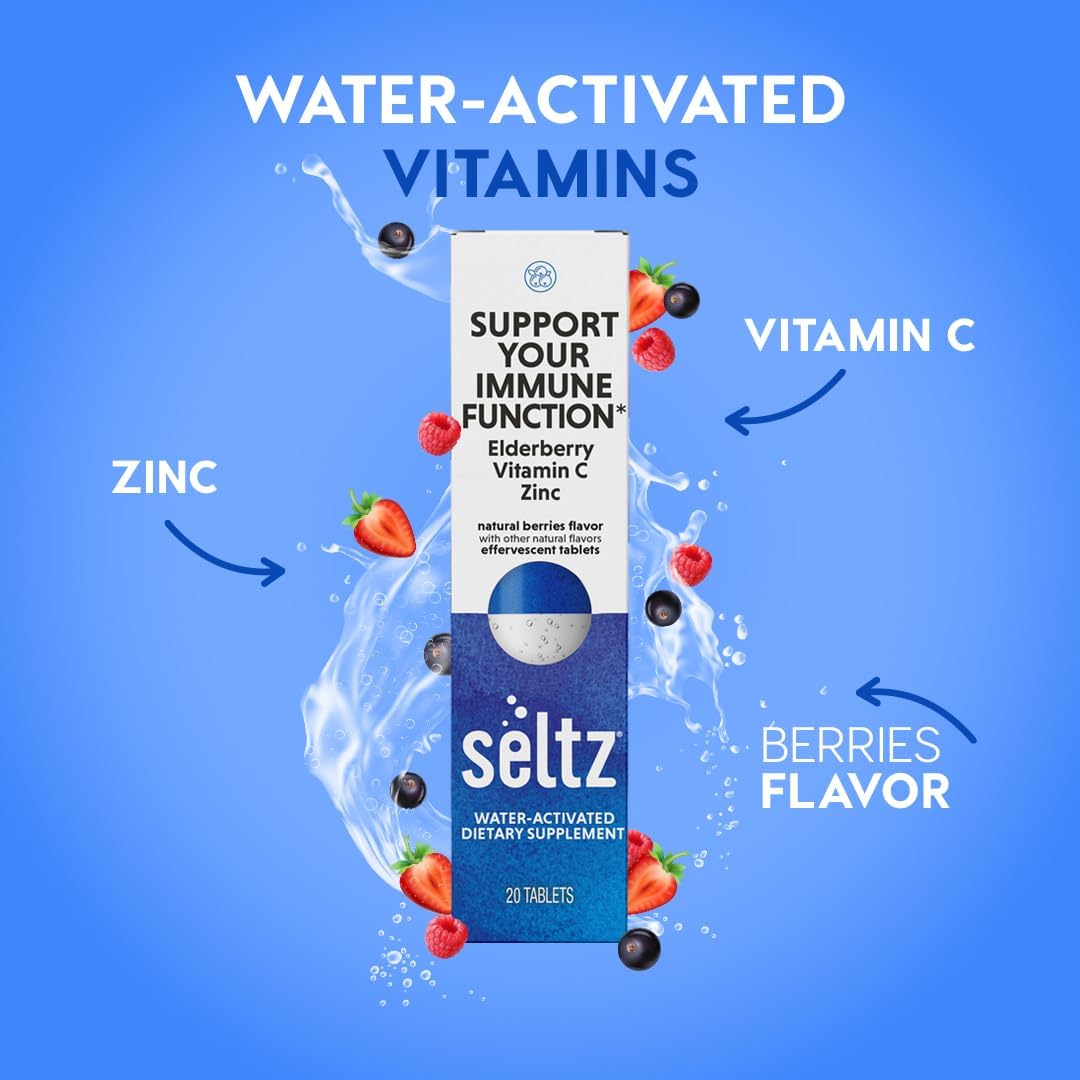 Seltz® Support Your Immune Function – Effervescent Vitamins with Vitamin C, Elderberry & Zinc for Daily Immune Support – Berries Flavor, 20 Tablets (Pack of 1)