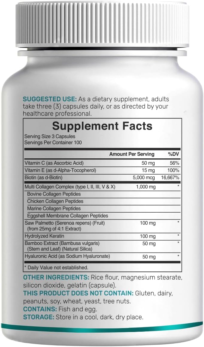 Multi Collagen Pills with Vitamin C, E & Biotin, 300 Capsules – Hydrolyzed Collagen Peptides – 11 in 1 Formula with Saw Palmetto, Bamboo Silica, & Hyaluronic Acid – Hair, Skin, Nail, & Joint Health
