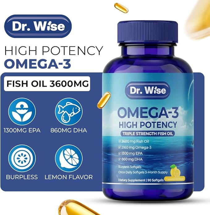 Triple Strength Omega 3 Fish Oil 3600mg – 1300mg EPA & 860mg DHA- Once Daily – Burpless Lemon Flavor, – Supports Heart, Brain, Joint & Eye Health – Wild Caught, Non-GMO, 90 Softgels, 3-Month Supply