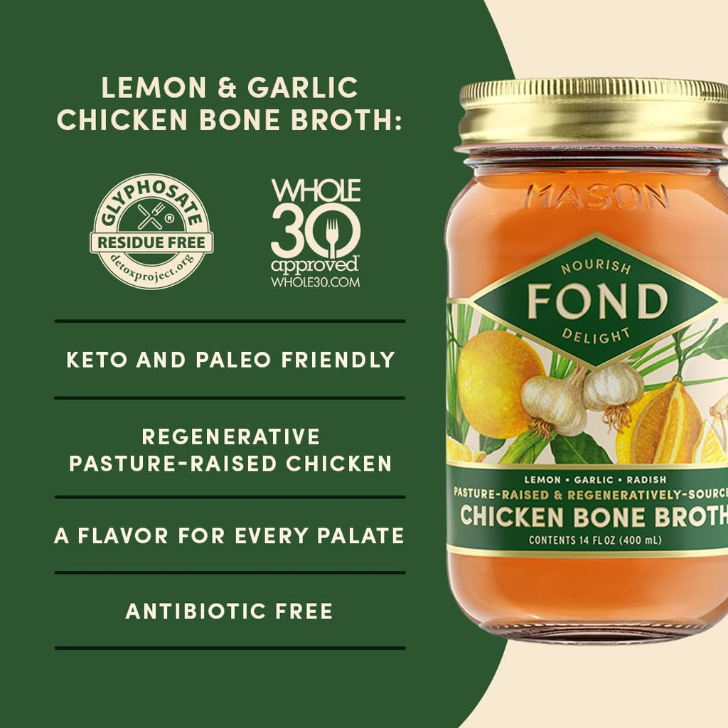 FOND Pasture-Raised Regenerative Chicken Bone Broth infused with Organic Lemon & Garlic