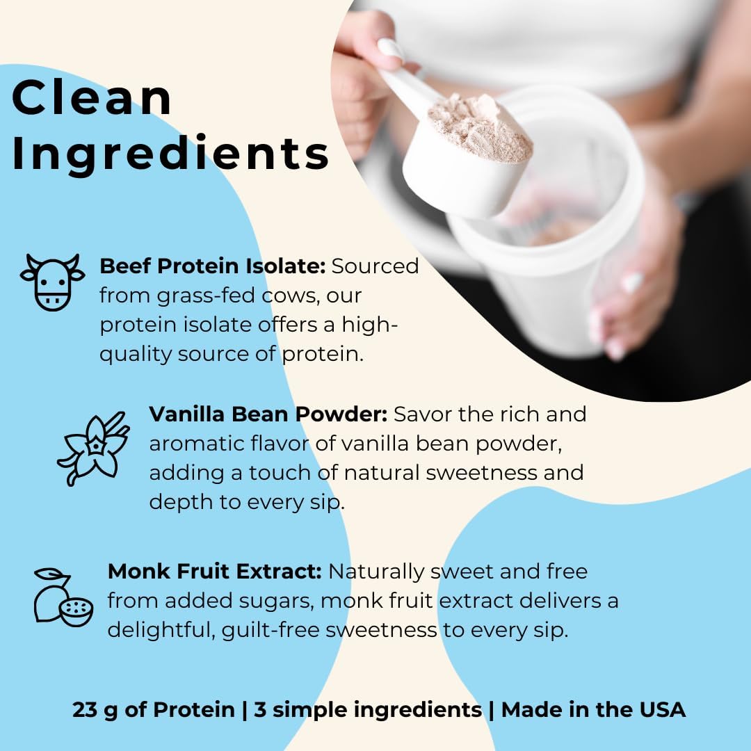 Grass Fed Beef Protein Powder Isolate - AutoimmuniTea, 23g of Paleo Carnivore Protein, Keto Friendly, Grain Free, No Dairy or Soy, No Whey, Stevia Free, Vanilla Flavor - 2lbs of Prime Muscle Building