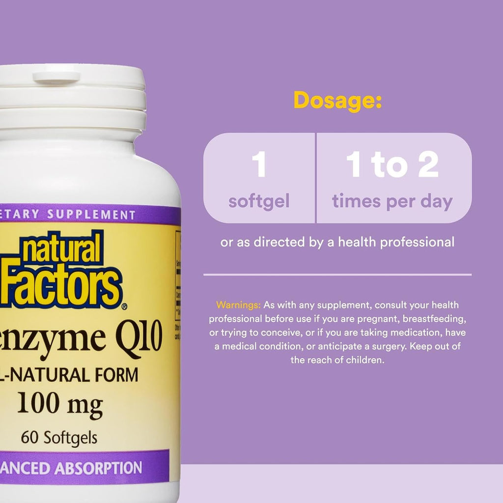 Natural Factors Coenzyme Q10 100 mg, Natural Coenzyme Q10 Supplement for Energy, Heart and Cognitive Support, 60 Softgels