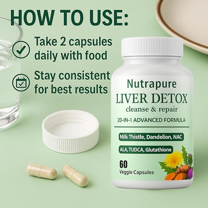Nutrapure Liver Detox Capsules, 20-in-1 Liverdetox 60 Veggie Capsules Supplement with Milk Thistle, Liver Cleanse Detox & Repair, Liverhealth Formula