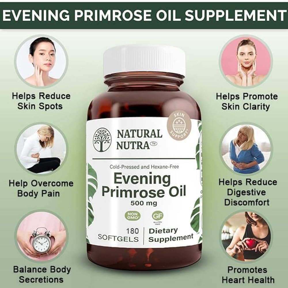 Natural Nutra Evening Primrose Oil Supplement from Fatty Acid, Helps Overcome Body Pain, Nerve Health, Promote Hearth Health & Skin Clarity, Helps Reduce Digestive Discomfort, 500 mg, 180 Softgel