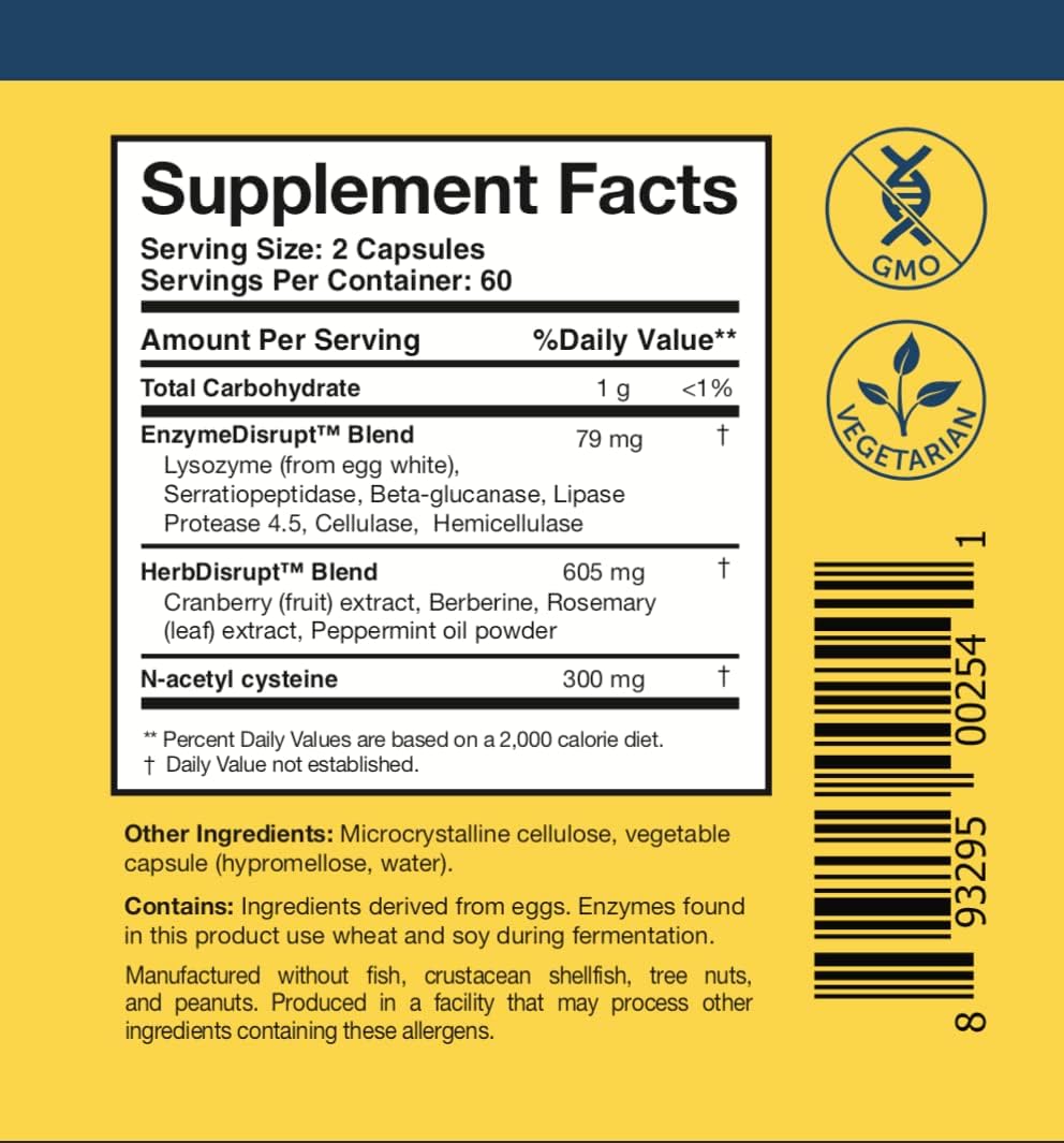 Researched Nutritionals BioDisrupt - Disrupt Biofilm Matrices - Clinically Researched Formula with EnzymesDisrupt Enzyme Blend, Cranberry Extract & N-Acetyl Cysteine (120 Capsules)