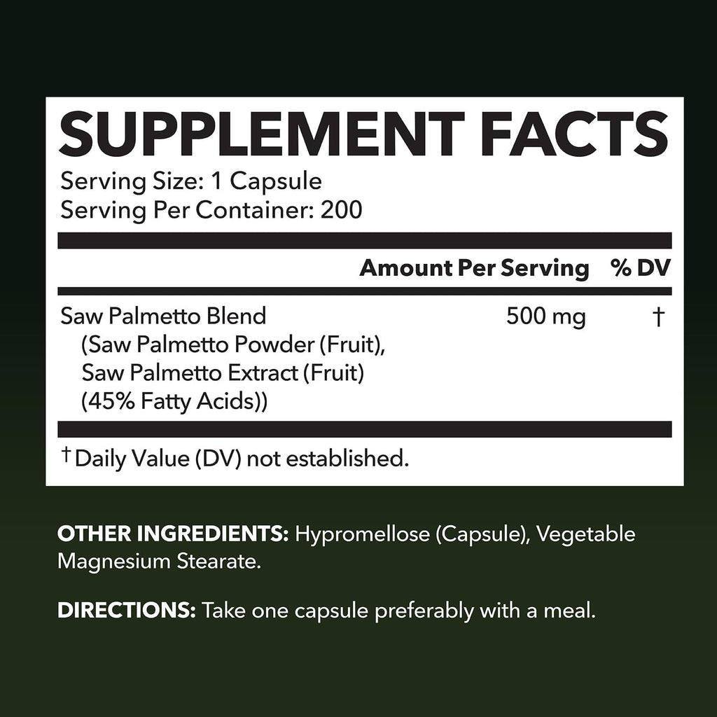 Saw Palmetto for Men Prostate Health Supplement to Promote Urinary Tract Function - 500mg Per Serving - 200 Count - DHT Blocker Hair Vitamin - Vegan, Non-GMO Capsules, Over 6 Month Supply