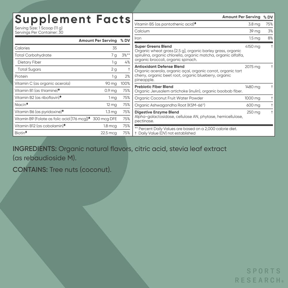 Sports Research® Organic Greens Superfood Powder w/Spirulina, Chlorella, Adaptogens, Enzymes, Probiotics & 8 VIT Bs for Gut & Mood Support* - Vegan, Sugar-Free & Low-Cal Pineapple Coconut 30 Servings