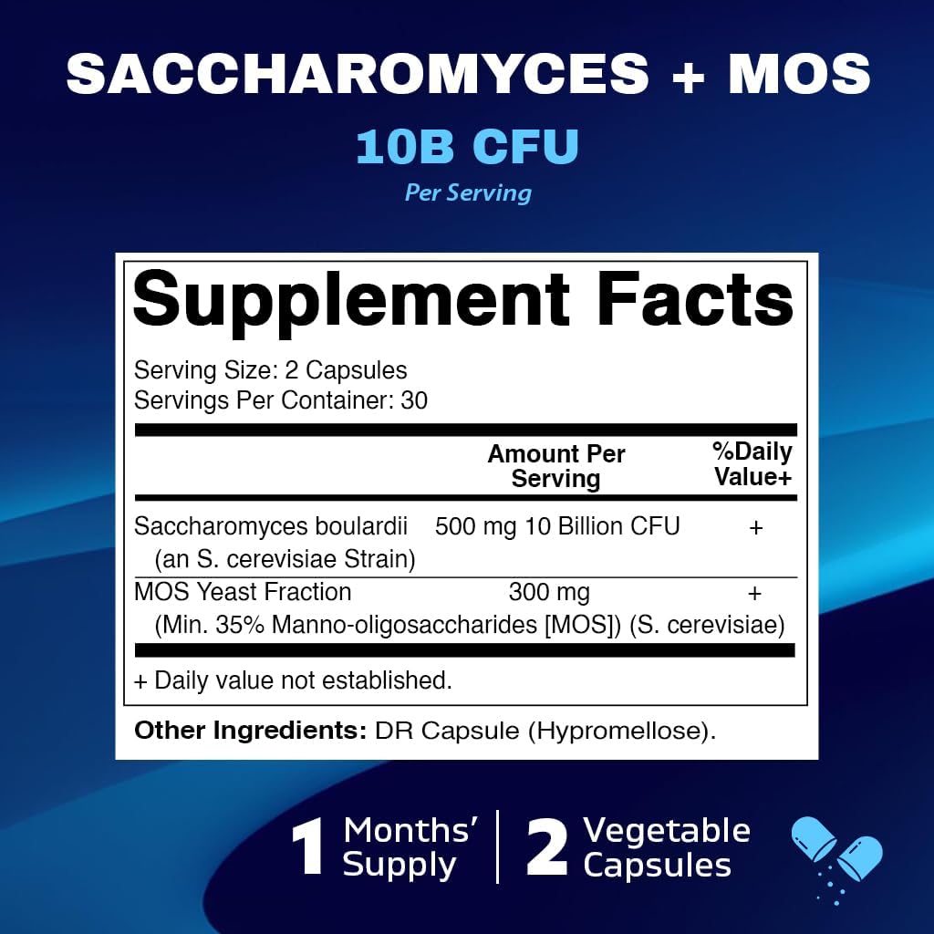 Vitamatic Saccharomyces Boulardii Probiotic 10B per Serving + Yeast Extract (MOS Yeast Fraction) 300 mg - 60 DR Capsules - Made in The USA