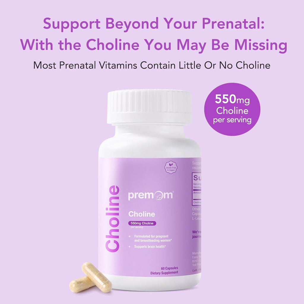 Premom Prenatal Choline Bitartrate Supplement: 550mg for Cognitive Development Meet Daily Needs– Nutritional Support for Pregnancy & Metabolism, Baby Brain Development – 60 Capsules, 30 Days Supply