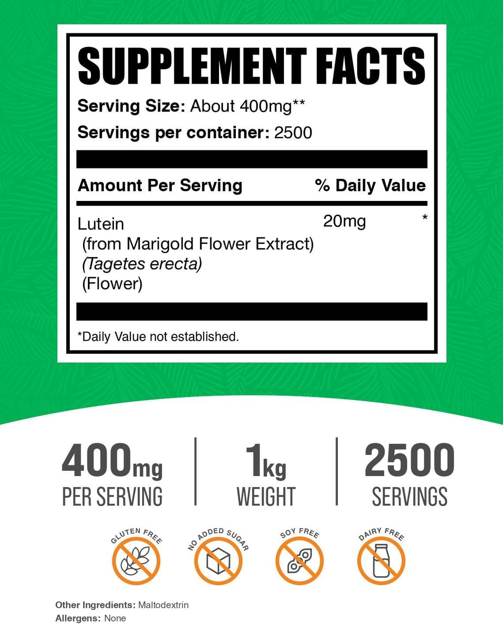BulkSupplements.com Lutein Powder - from Marigold Flower Extract, Eye Supplement, Lutein 20mg - Antioxidant Source, Gluten Free, 400mg per Serving, 1kg (2.2 lbs) (Pack of 1)