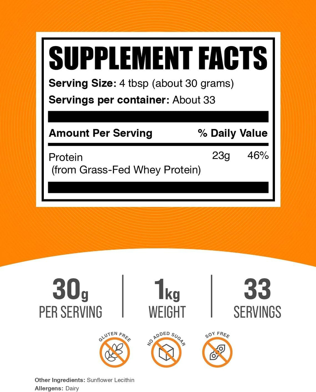 BulkSupplements.com Grass Fed Whey Protein Powder - Whey Protein Concentrate Powder - Unflavored & Gluten Free, 30g per Serving, 1kg (2.2 lbs) (Pack of 1)