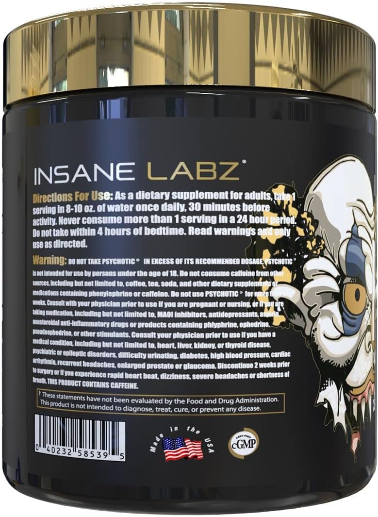 Insane Labz Psychotic Gold, High Stimulant Pre Workout Powder, Extreme Lasting Energy Focus, Pumps and Endurance with Beta Alanine, DMAE Bitartrate, NO Booster (35 Servings, Orange)