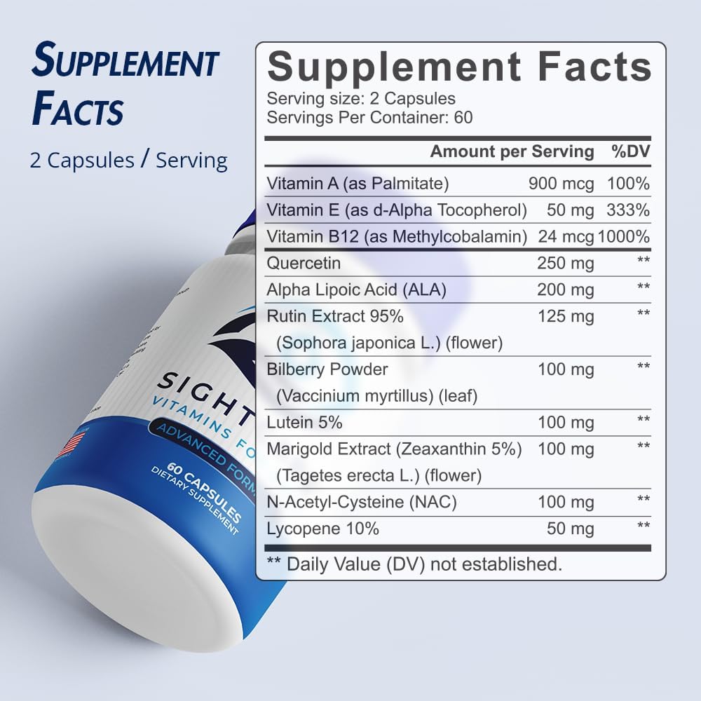 SightCare Lutein and Zeaxanthin Supplements – AREDS 2 Eye Vitamins Formula for Macular Health & Blue Light Support – Includes Vitamins A, E, B12, Quercetin, ALA, Rutin – 60 Capsules