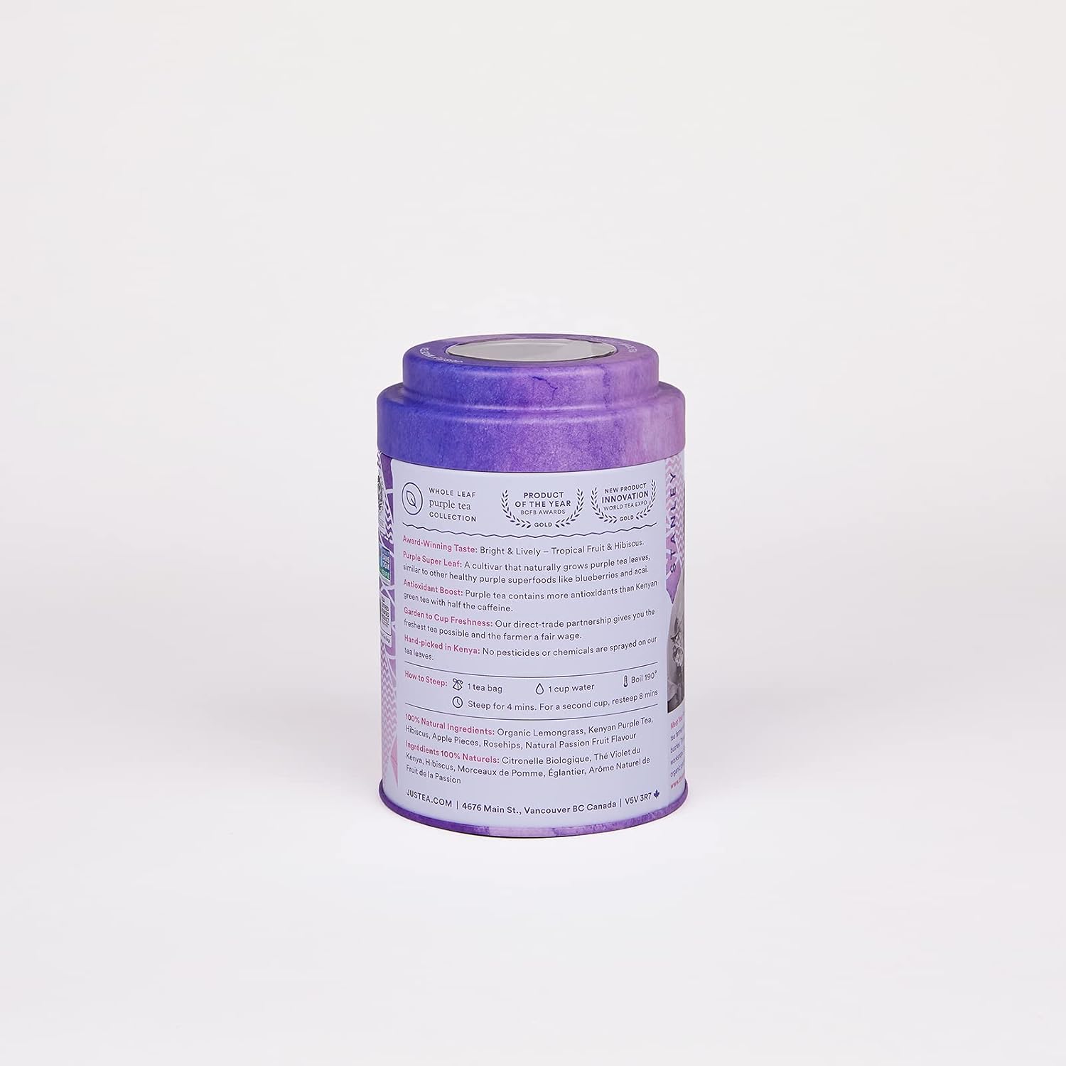 JusTea Purple Rain | Pyramid Compostable Tea Bags | Purple Tea | 12+ Cups | Very Low Caffeine | Award-Winning | Fair Trade | Non-GMO
