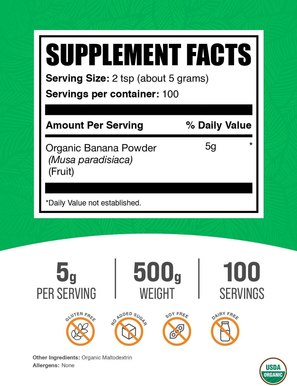 BulkSupplements.com Organic Banana Powder - Banana Fruit Powder, Nutrient Rich - Air-Dried & Gluten Free, 5g per Serving, 500g (1.1 lbs) (Pack of 1)