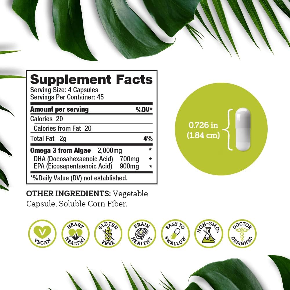 DSO Vegan Omega 3 Algae Supplement - 180 Capsules - Plant Based Fish Oil Alternative - EPA & DHA Supplements - Algae Omega 3 Fatty Acids Supplement - Eco-Friendly Packaging - Made in The USA