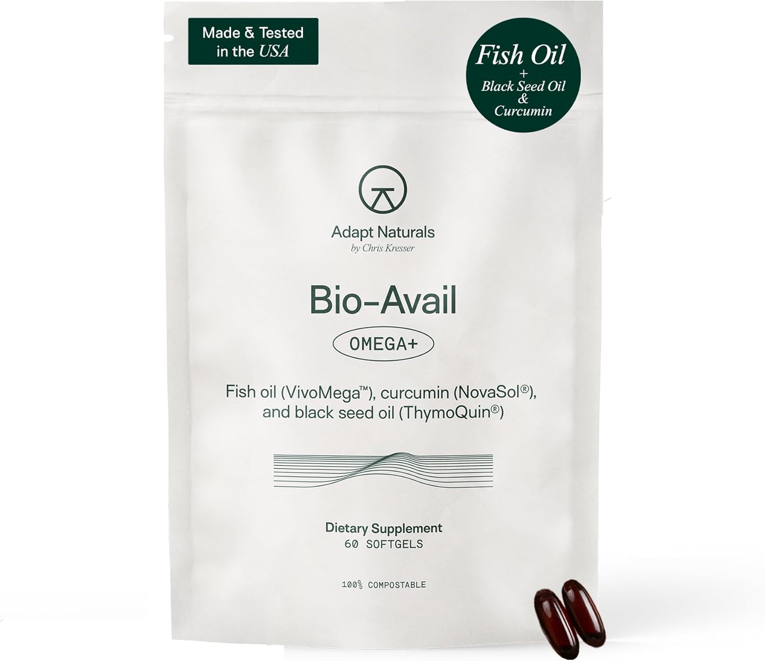 Adapt Naturals Omega 3 Fish Oil Supplement with Bioavailable Curcumin & Black Seed, 1500mg Fish Oil EPA DHA Omega 3 Fatty Acids to Support Joints, Muscles & Heart | Unflavored - 30 Days Supply