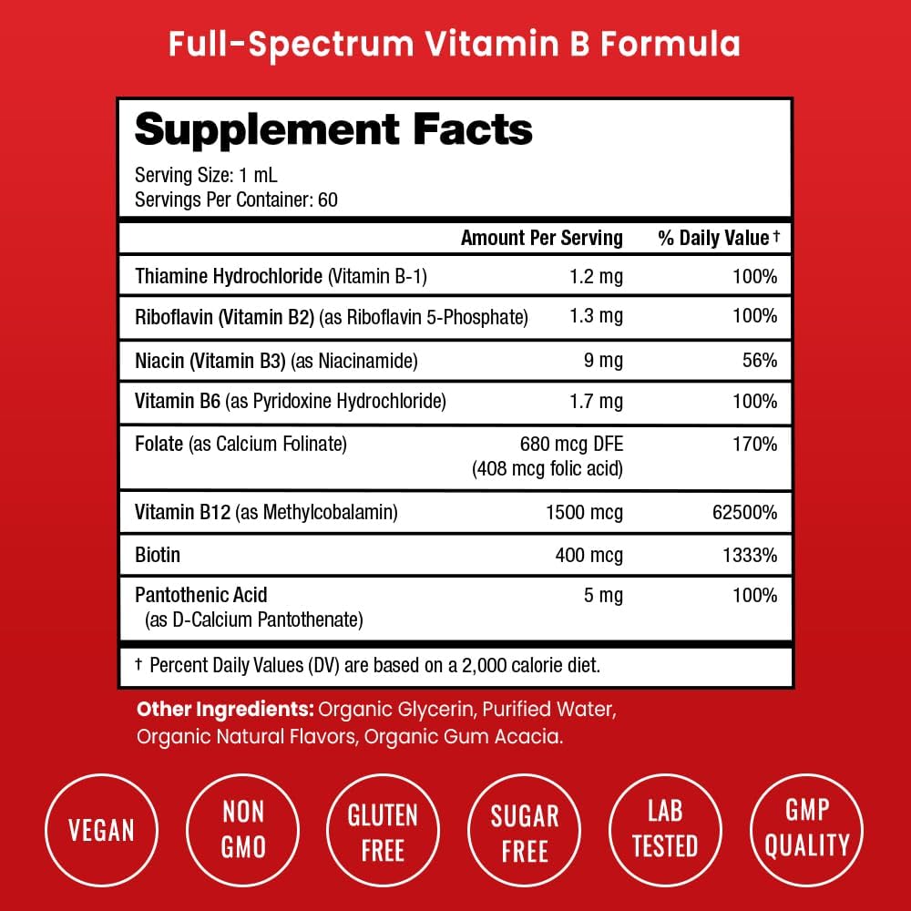 USDA Organic Vitamin B Complex Liquid Drops | B Vitamins Complex Supplement with B1, B2, B3, B6, B7, B9 & Methyl B12 Drops for Adults & Kids | Vegan Berry Flavor 2oz | 60 Servings / 2 Month Supply