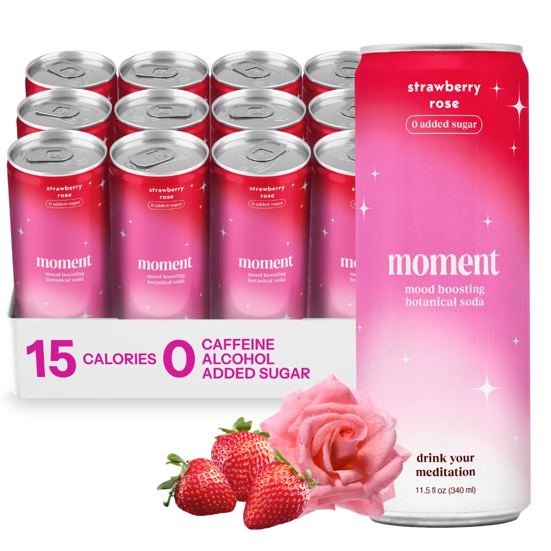Moment Botanical Soda Soft Drink (Shark Tank) - SPARKLING Drinks | Strawberry Rose | L-Theanine & Ashwagandha for Calm & Clarity | 0 Added Sugar 0 Caffeine | 12-pack