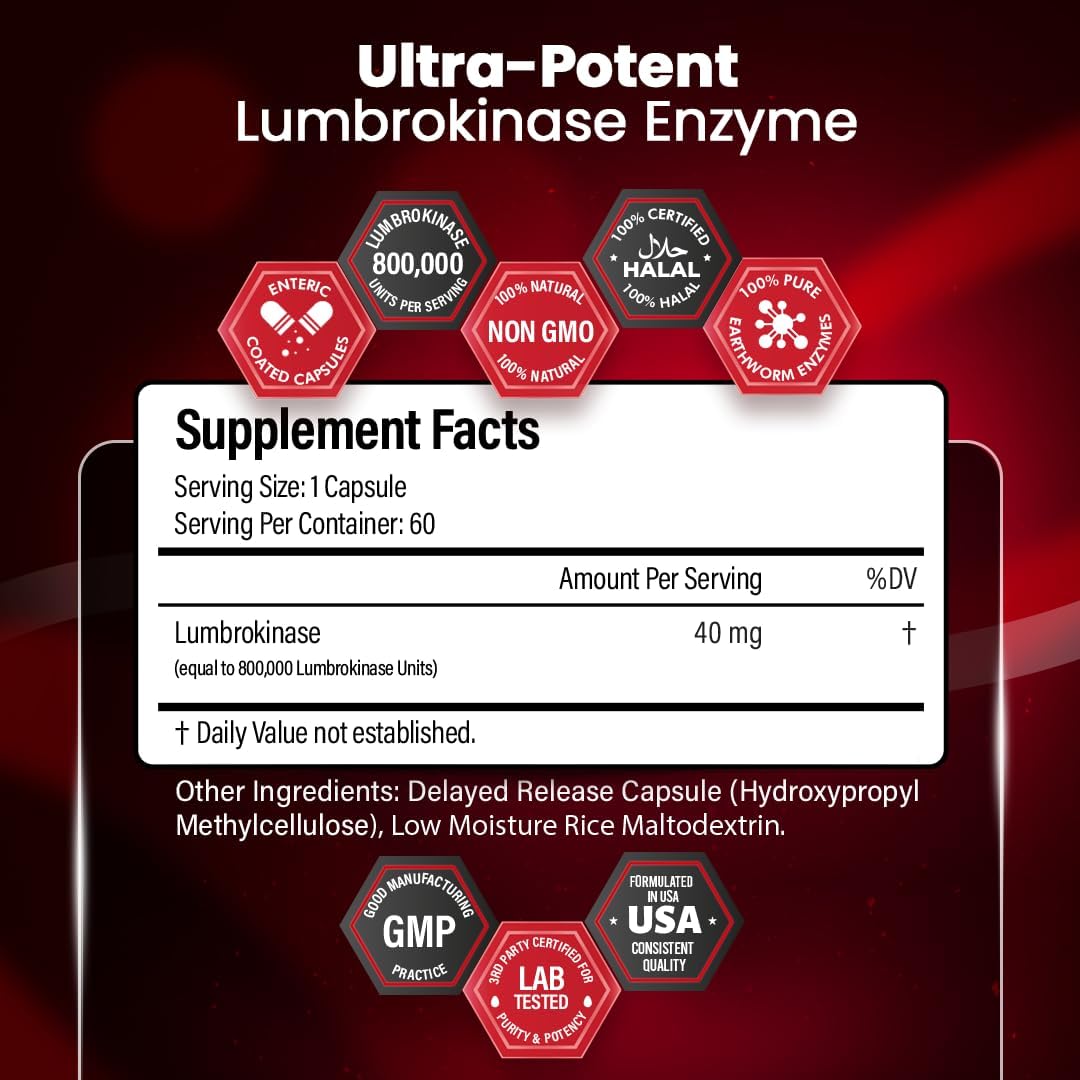 Lumbrokinase Supplement 40mg (60 Capsules) - Maximum Activity-800,000 UI - Pure Lumbrokinase Enzymes Digestive enzymes, Better Than serrapeptase Nattokinase Supplement, Lab Tested, Non GMO